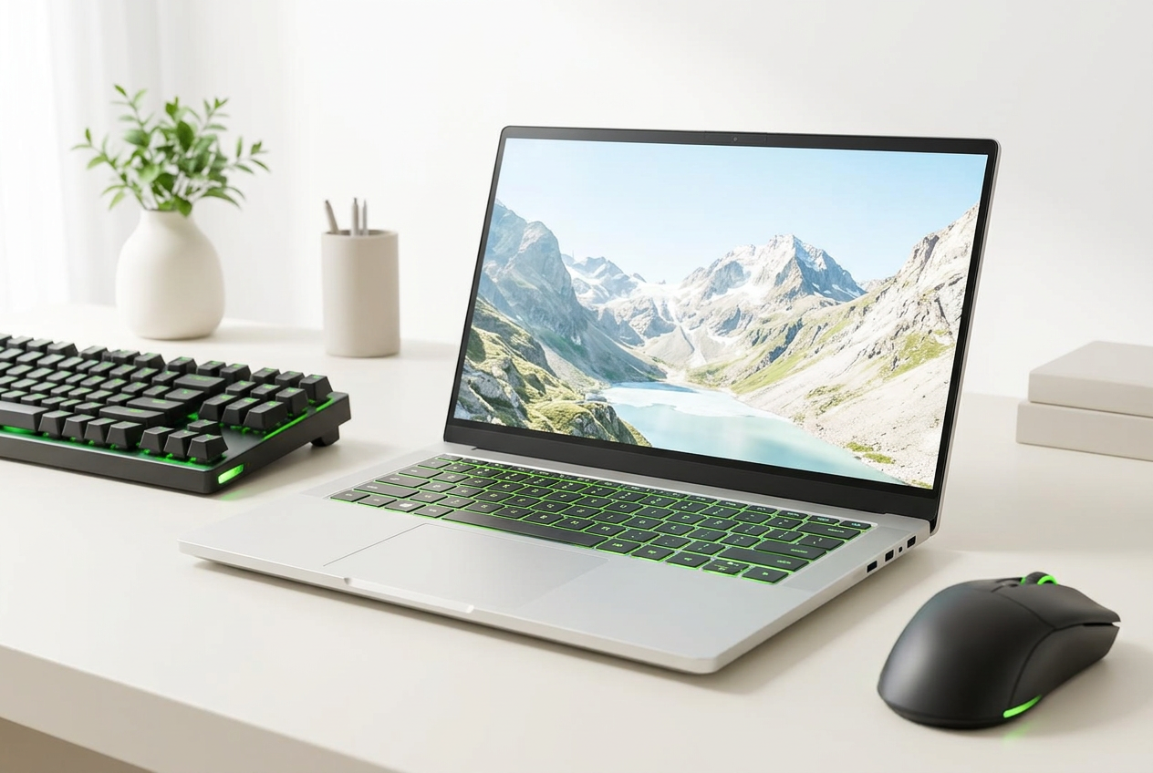 Bright desk with a refurbished laptop, mechanical keyboard and mouse